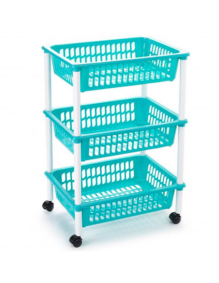 Tradineur - Carrito verdulero modelo PLFT de plástico con 3 cestas y ruedas, portaobjetos, organizador de frutas, verduras (Turq