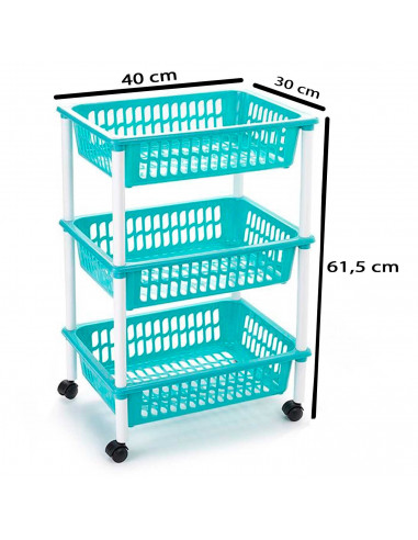 Tradineur - Carrito verdulero modelo PLFT de plástico con 3 cestas y ruedas, portaobjetos, organizador de frutas, verduras (Turq