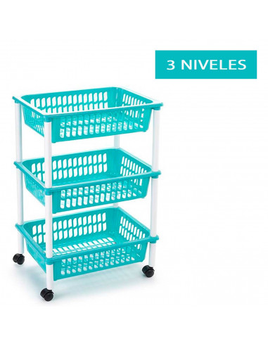 Tradineur - Carrito verdulero modelo PLFT de plástico con 3 cestas y ruedas, portaobjetos, organizador de frutas, verduras (Turq