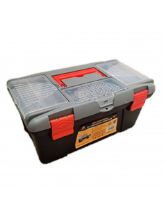 Caja de color negro y rojo de herramientas de 18 x 40 x 23 cm con varios compratimentos individuales. Arcón especial para bricol
