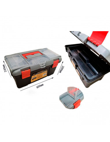 Caja de color negro y rojo de herramientas de 18 x 40 x 23 cm con varios compratimentos individuales. Arcón especial para bricol