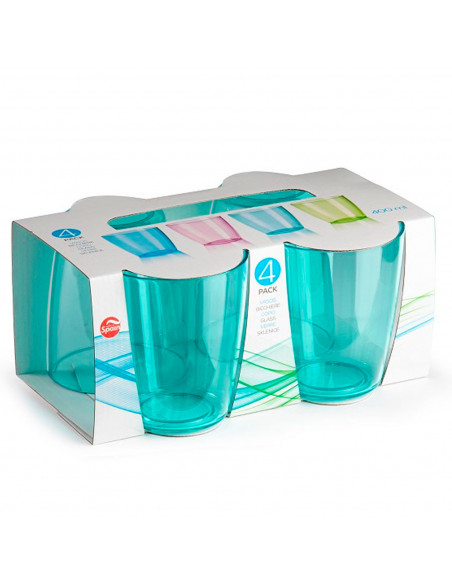 Tradineur - Pack de 4 vasos reutilizables, poliestireno transparente duro y resistente, vasos lavables para picnic, camping, hog