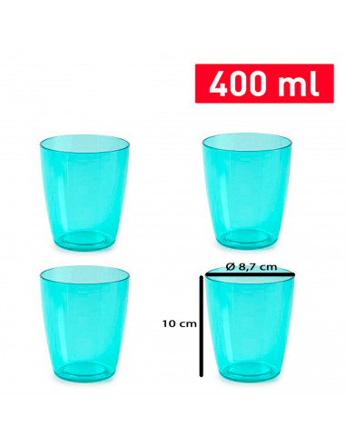 Tradineur - Pack de 4 vasos reutilizables, poliestireno transparente duro y resistente, vasos lavables para picnic, camping, hog