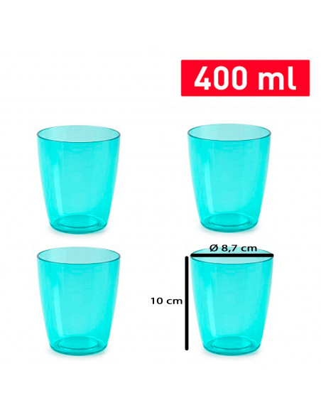 Tradineur - Pack de 4 vasos reutilizables, poliestireno transparente duro y resistente, vasos lavables para picnic, camping, hog