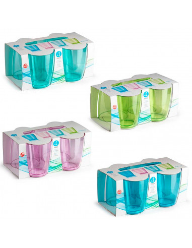 Tradineur - Pack de 4 vasos reutilizables, poliestireno transparente duro y resistente, vasos lavables para picnic, camping, hog