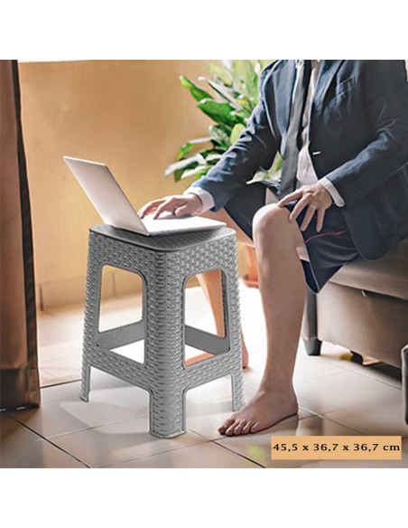 Tradineur - Taburete de plástico con asa Rattan, asiento de 28 x 28 cm, imitación de mimbre, banqueta multiusos, cocina, salón (