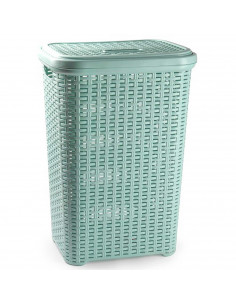 Tradineur - Cesto para ropa sucia con asas y tapa, pongotodo rattan de plástico, cubo para colada, imitación mimbre, hogar (Verd