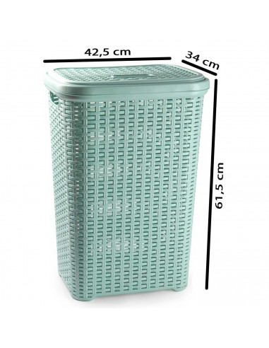 Tradineur - Cesto para ropa sucia con asas y tapa, pongotodo rattan de plástico, cubo para colada, imitación mimbre, hogar (Verd