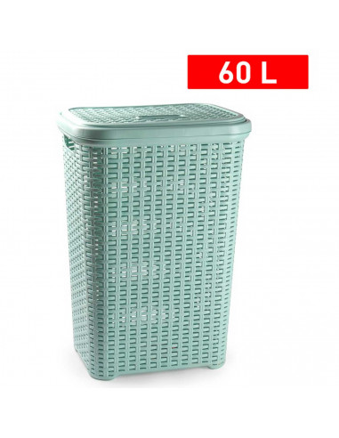 Tradineur - Cesto para ropa sucia con asas y tapa, pongotodo rattan de plástico, cubo para colada, imitación mimbre, hogar (Verd