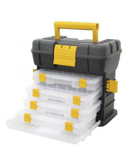 Caja de color negro y amarillo de herramientas de 25,5 x 28 x 17,5 cm con varios compratimentos individuales.Arcón especial para
