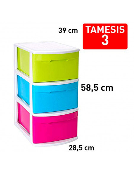 Tradineur - Cajonera támesis 3 cajones de color sutido de 61 x 27,5 x 39,2 cm, Cajonera plástico 3 cajones sin ruedas multiusos