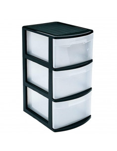 Tradineur - Cajonera color negro támesis 3 cajones de 61 x 27,5 x 39,2 cm, Cajonera plástico 3 cajones sin ruedas multiusos para