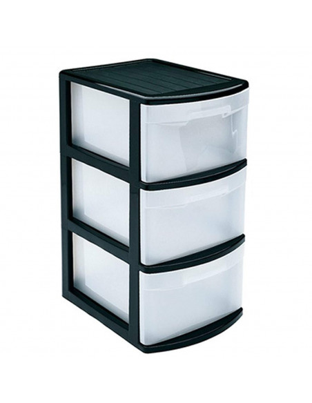 Tradineur - Cajonera color negro támesis 3 cajones de 61 x 27,5 x 39,2 cm, Cajonera plástico 3 cajones sin ruedas multiusos para