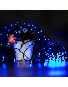 Tradineur - Tira de 300 luces LEDs a pilas - Apto para interiores - Función de luz foja e intermitente - 24 Metros - Color Azul 2