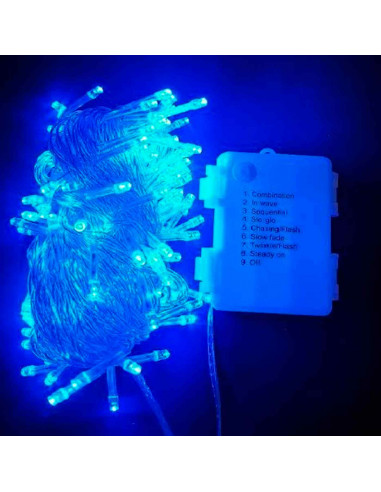Tradineur - Tira de 300 luces LEDs a pilas - Apto para interiores - Función de luz foja e intermitente - 24 Metros - Color Azul