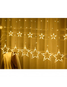 Tradineur - Cortina de luces LED con estrellas, guirnalda luminosa para interior, 9W, incluye mando regulador, Navidad, ventana,