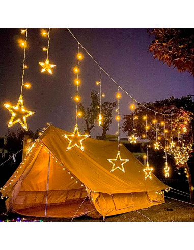 Tradineur - Cortina de luces LED con estrellas, guirnalda luminosa para interior, 9W, incluye mando regulador, Navidad, ventana,