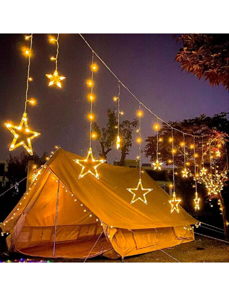 Tradineur - Cortina de luces LED con estrellas, guirnalda luminosa para interior, 9W, incluye mando regulador, Navidad, ventana,