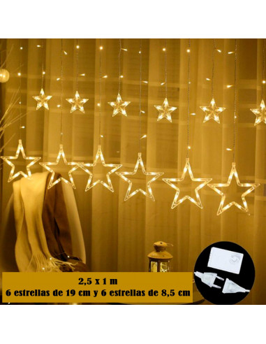 Tradineur - Cortina de luces LED con estrellas, guirnalda luminosa para interior, 9W, incluye mando regulador, Navidad, ventana,