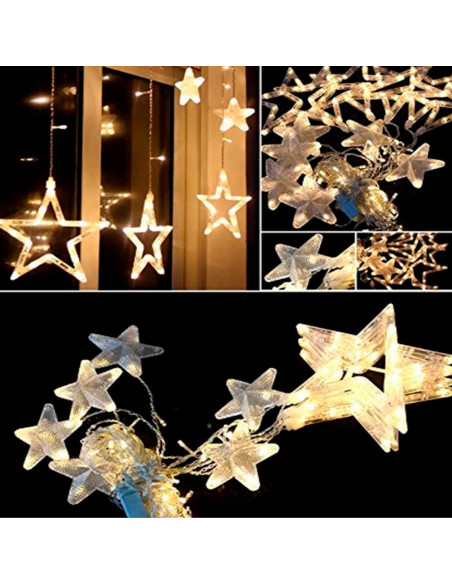 Tradineur - Cortina de luz LED con estrellas, guirnalda luminosa para interior, 9W, incluye mando regulador, Navidad, ventana, p