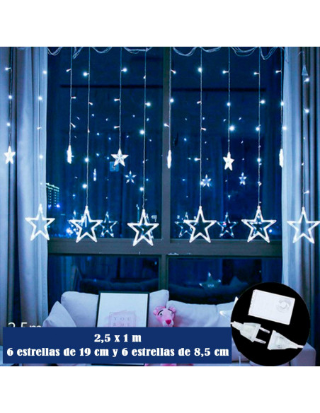 Tradineur - Cortina de luz LED con estrellas, guirnalda luminosa para interior, 9W, incluye mando regulador, Navidad, ventana, p