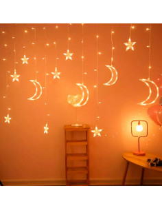 Tradineur - Cortina de luces LED con lunas y estrellas, guirnalda luminosa para interior, 9W, incluye mando regulador, Navidad,