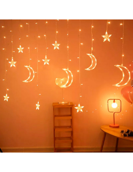 Tradineur - Cortina de luces LED con lunas y estrellas, guirnalda luminosa para interior, 9W, incluye mando regulador, Navidad,