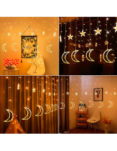 Tradineur - Cortina de luces LED con lunas y estrellas, guirnalda luminosa para interior, 9W, incluye mando regulador, Navidad, 2