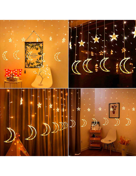 Tradineur - Cortina de luces LED con lunas y estrellas, guirnalda luminosa para interior, 9W, incluye mando regulador, Navidad,