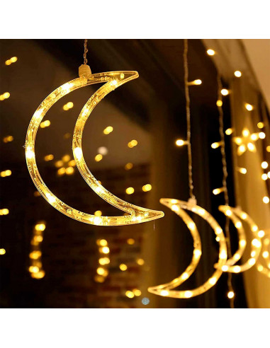 Tradineur - Cortina de luces LED con lunas y estrellas, guirnalda luminosa para interior, 9W, incluye mando regulador, Navidad,