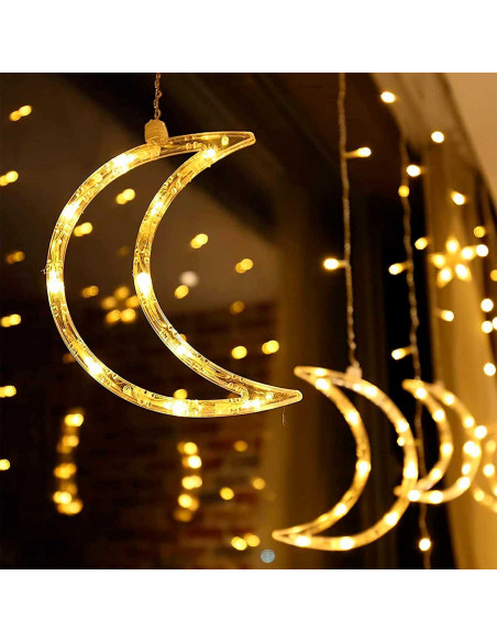 Tradineur - Cortina de luces LED con lunas y estrellas, guirnalda luminosa para interior, 9W, incluye mando regulador, Navidad,