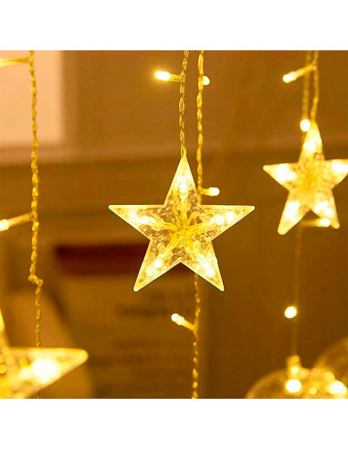 Tradineur - Cortina de luces LED con lunas y estrellas, guirnalda luminosa para interior, 9W, incluye mando regulador, Navidad,