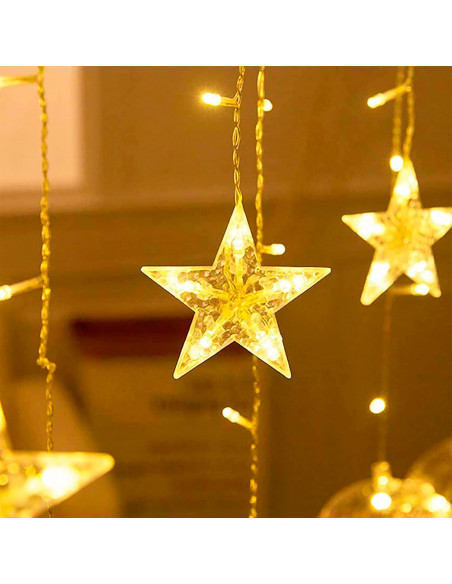 Tradineur - Cortina de luces LED con lunas y estrellas, guirnalda luminosa para interior, 9W, incluye mando regulador, Navidad,