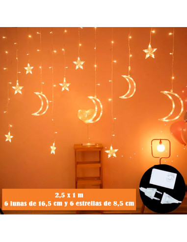 Tradineur - Cortina de luces LED con lunas y estrellas, guirnalda luminosa para interior, 9W, incluye mando regulador, Navidad,