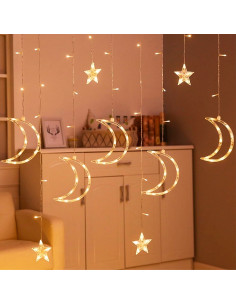 Tradineur - Cortina luces LED con lunas y estrellas, guirnalda luminosa para interior, 9W, incluye mando regulador, Navidad, ven