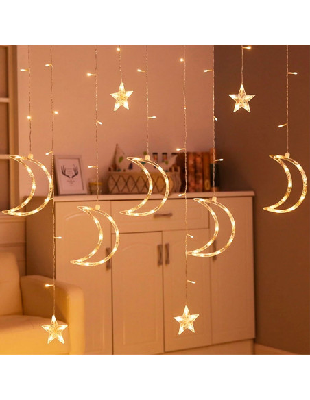 Tradineur - Cortina luces LED con lunas y estrellas, guirnalda luminosa para interior, 9W, incluye mando regulador, Navidad, ven