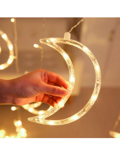 Tradineur - Cortina luces LED con lunas y estrellas, guirnalda luminosa para interior, 9W, incluye mando regulador, Navidad, ven 2