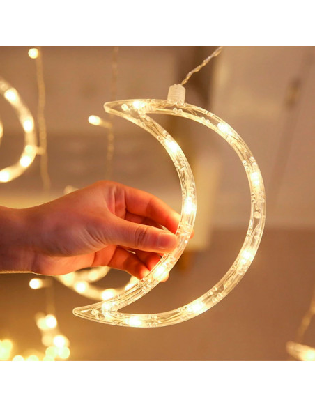 Tradineur - Cortina luces LED con lunas y estrellas, guirnalda luminosa para interior, 9W, incluye mando regulador, Navidad, ven