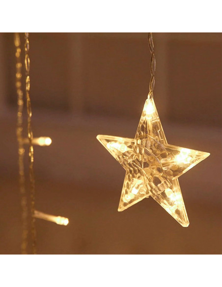 Tradineur - Cortina luces LED con lunas y estrellas, guirnalda luminosa para interior, 9W, incluye mando regulador, Navidad, ven
