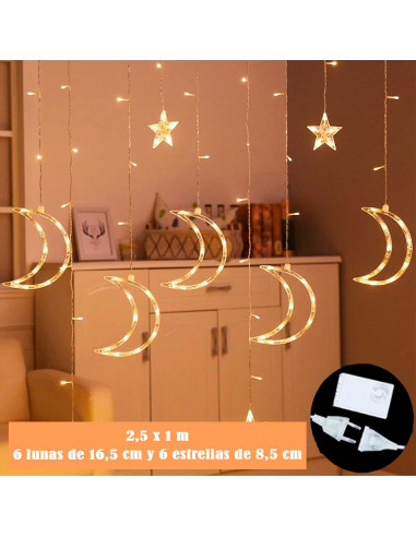 Tradineur - Cortina luces LED con lunas y estrellas, guirnalda luminosa para interior, 9W, incluye mando regulador, Navidad, ven