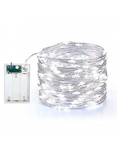 Tradineur - Alambre de 200 luces decorativas LEDs a pilas - Acto para interior y exterior - Función de luz foja e intermitente -