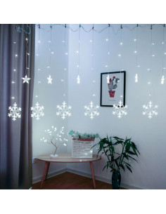 Tradineur - Cortina de luces LED con copos de nieve y estrellas, guirnalda luminosa de interior, 9W, incluye mando regulador, Na