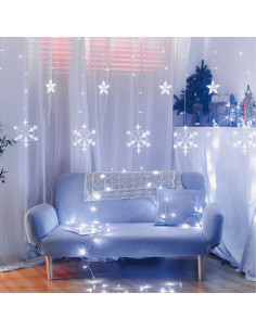 Tradineur - Cortina de luces LED con copos de nieve y estrellas, guirnalda luminosa de interior, 9W, incluye mando regulador, Na 2