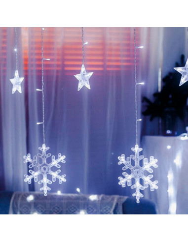 Tradineur - Cortina de luces LED con copos de nieve y estrellas, guirnalda luminosa de interior, 9W, incluye mando regulador, Na