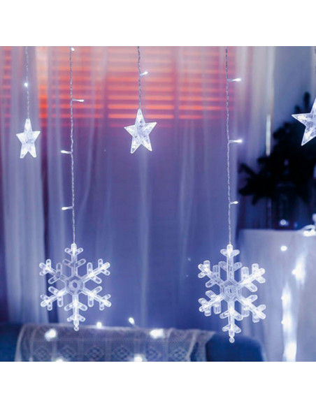 Tradineur - Cortina de luces LED con copos de nieve y estrellas, guirnalda luminosa de interior, 9W, incluye mando regulador, Na