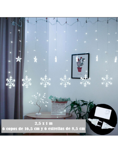 Tradineur - Cortina de luces LED con copos de nieve y estrellas, guirnalda luminosa de interior, 9W, incluye mando regulador, Na