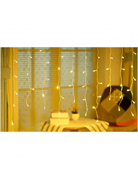 Tradineur - Cortina de 144 luces LEDs - Apto para interiores - Función de luz foja e intermitente - Color Luz cálida