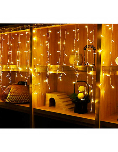 Tradineur - Cortina de 144 luces LEDs - Apto para interiores - Función de luz foja e intermitente - Color Luz cálida