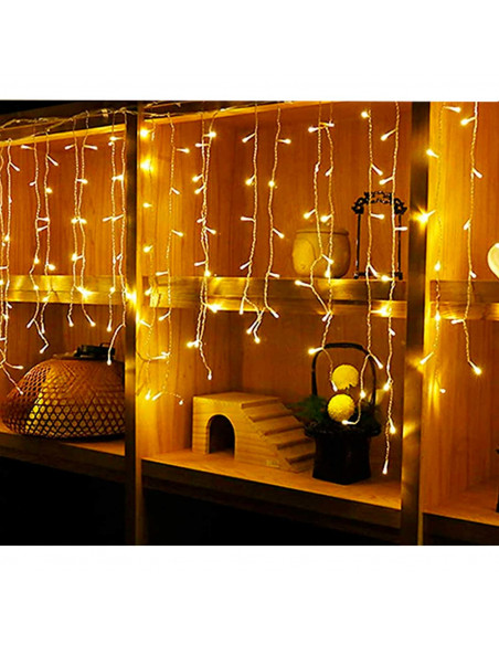 Tradineur - Cortina de 144 luces LEDs - Apto para interiores - Función de luz foja e intermitente - Color Luz cálida