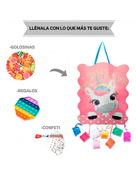Tradineur - Piñata de unicornio, feliz cumpleaños, cartón, rellenar con golosinas, chuches, decoración infantil para fiestas, ni